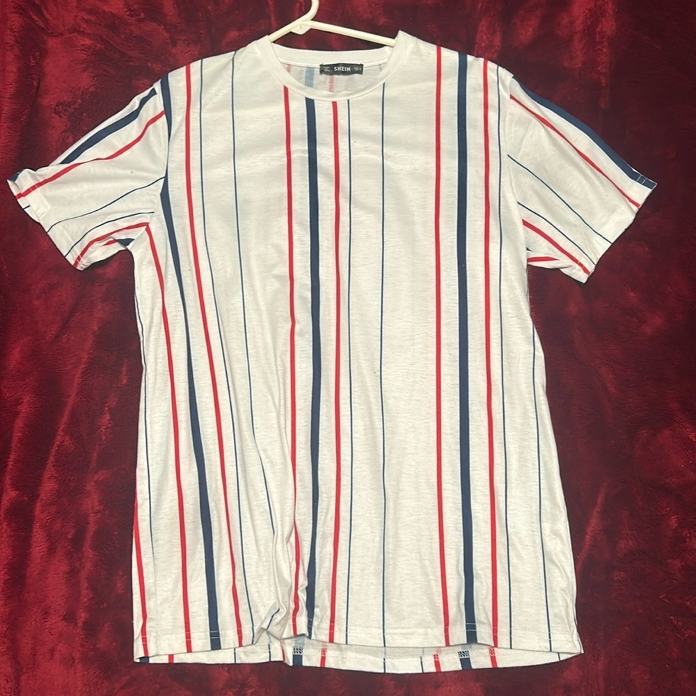 Shein Blue & Red Striped White Tee Medium